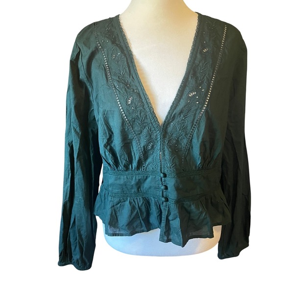 American Eagle Outfitters Tops - American Eagle‎ Women XL Green Eyelet Embroidered Peplum Top  Cottagecore Fairy